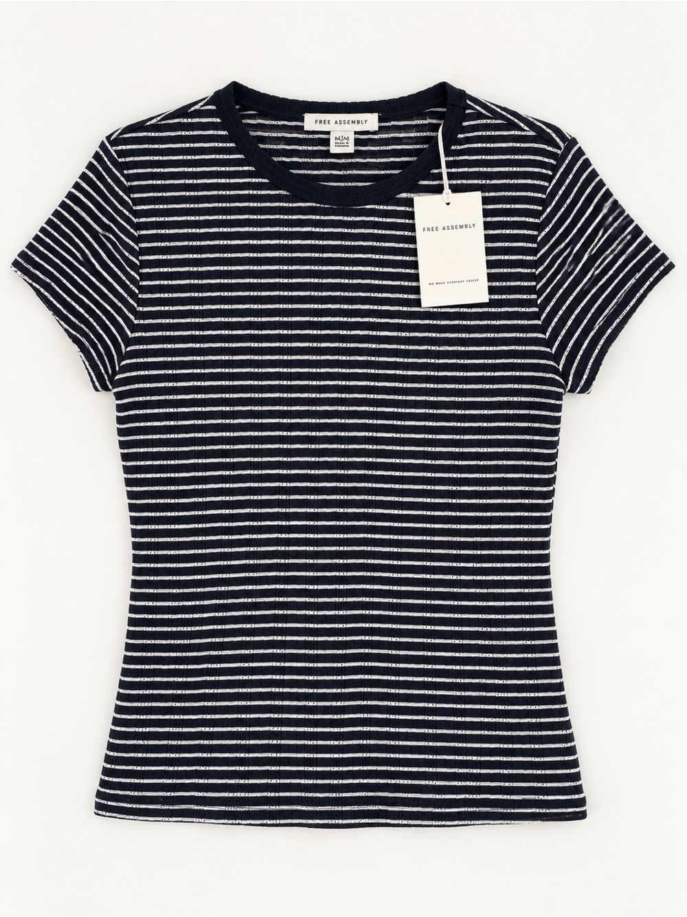 Free Assembly Pointelle Mini Tee Navy Stripe Size Large NWT